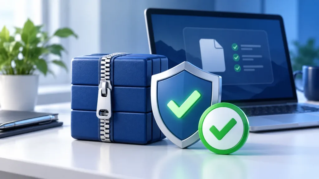 Laptop beside a verified software archive and shield icon